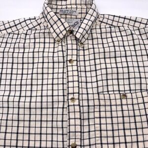 Goouch Button Down Shirt Mens L Cream Black Grid Short Sleeve Cotton Nepal *READ